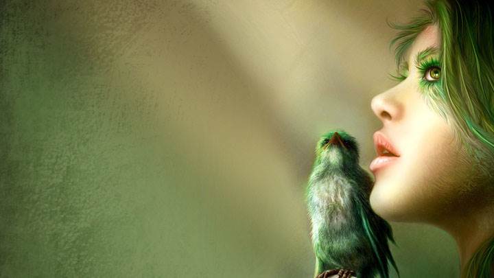 3d Girl Side Face Closeup N Bird On Hand